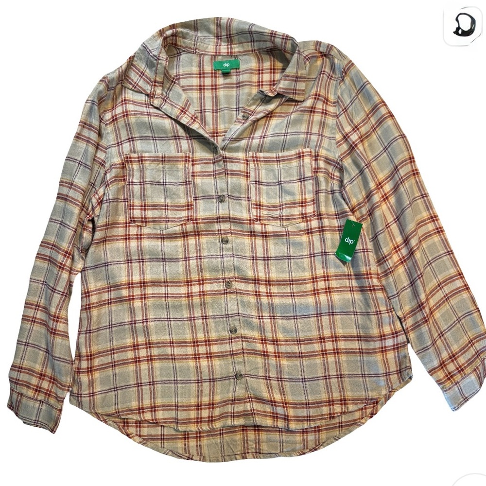 Dip Womens Plaid Button Down Flannel Shirt Long Sleeve Casual Top NWT Size Large